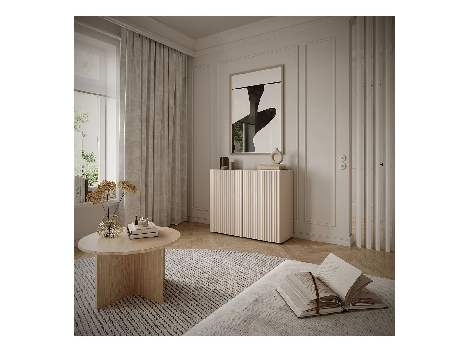 Buffet avec façades à lamelles – 2 portes – beige cachemire – 100 cm – SUNDS