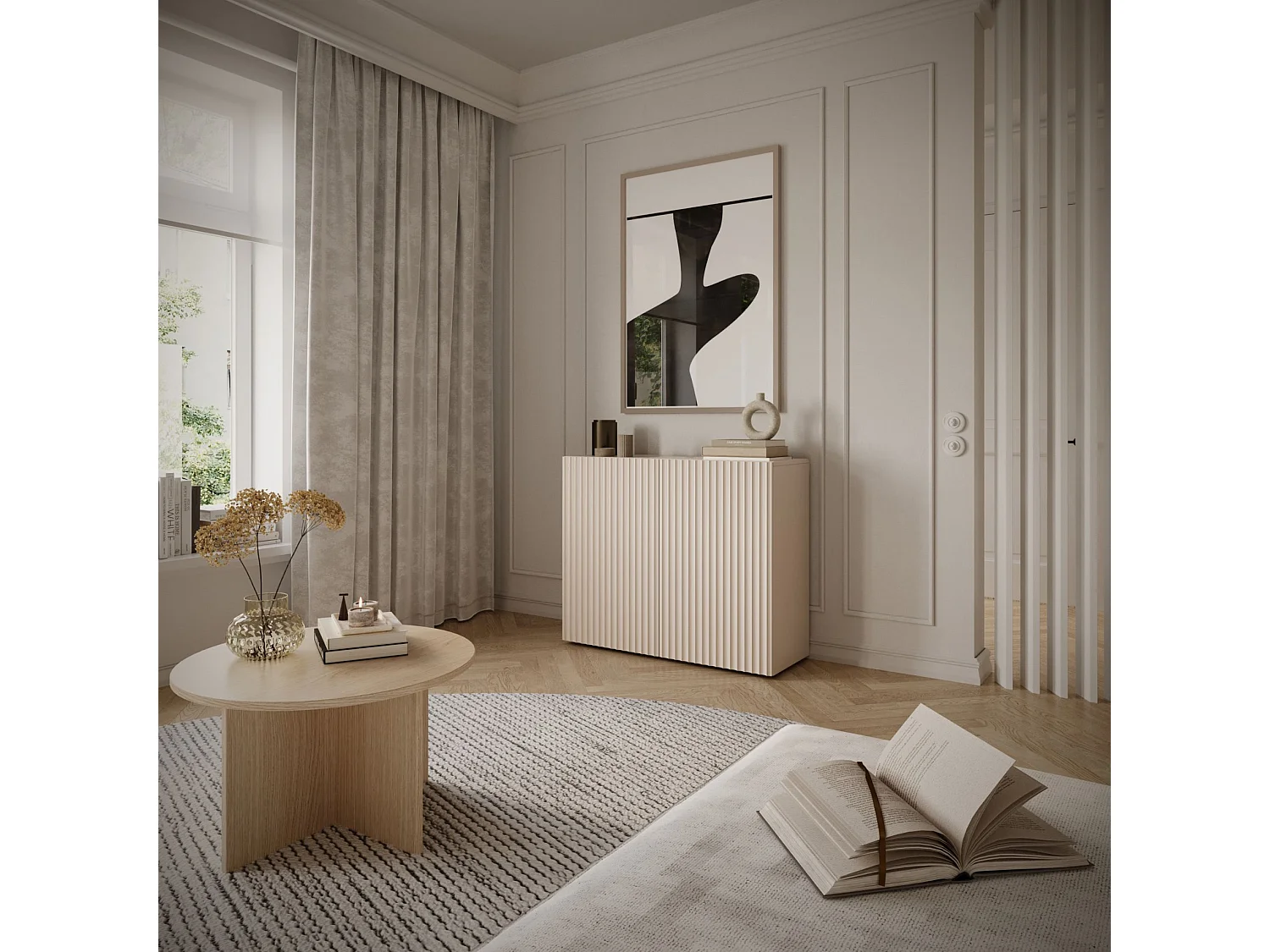 Madia con frontali a lamelle scanalate – 2 ante – beige cashmere – 100 cm – SUNDS