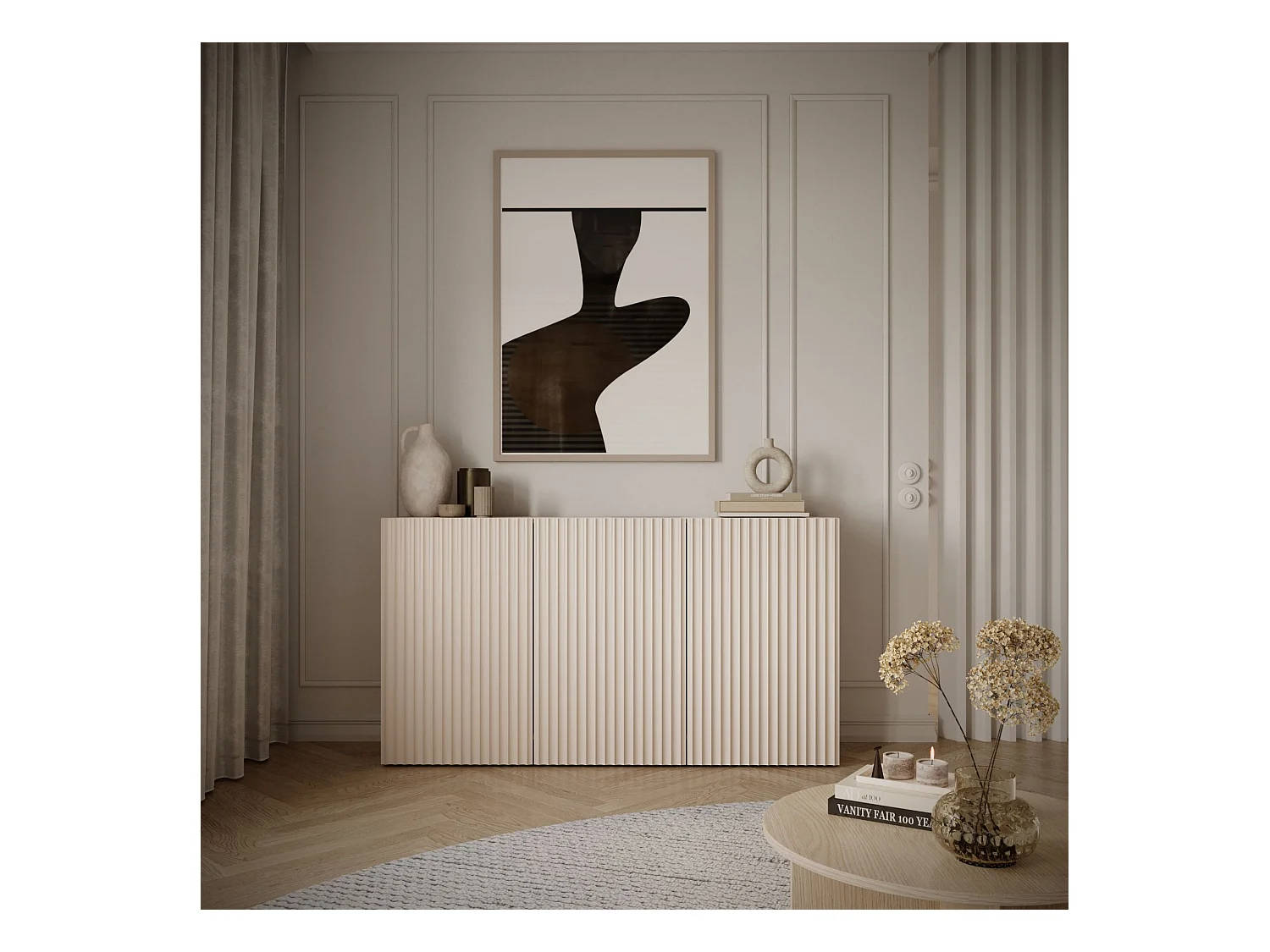 Buffet avec façades à lamelles – 3 portes – beige cachemire – 150 cm – SUNDS