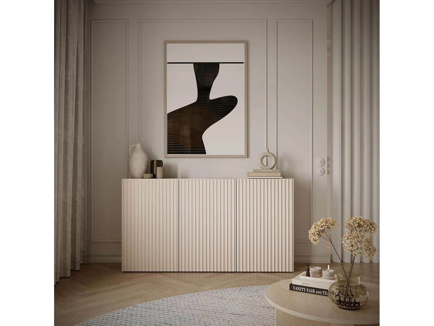 Buffet avec façades à lamelles – 3 portes – beige cachemire – 150 cm – SUNDS