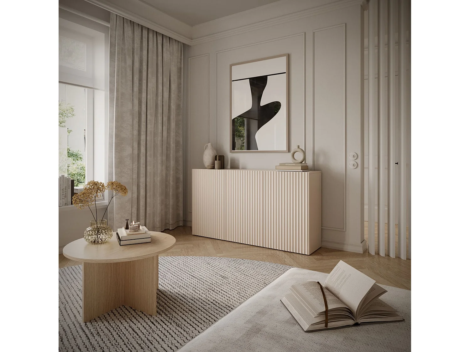 Buffet avec façades à lamelles – 3 portes – beige cachemire – 150 cm – SUNDS