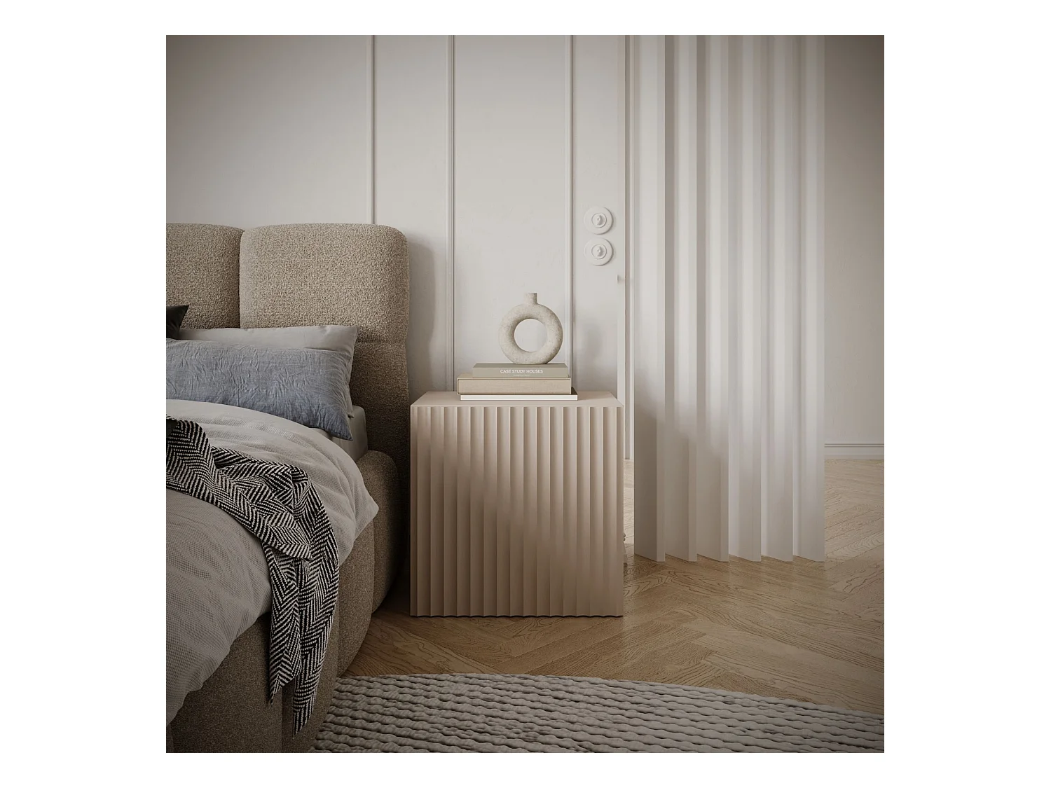 Table de chevet 1 porte avec façade à lamelles rainurées – beige cachemire 50 cm – SUNDS