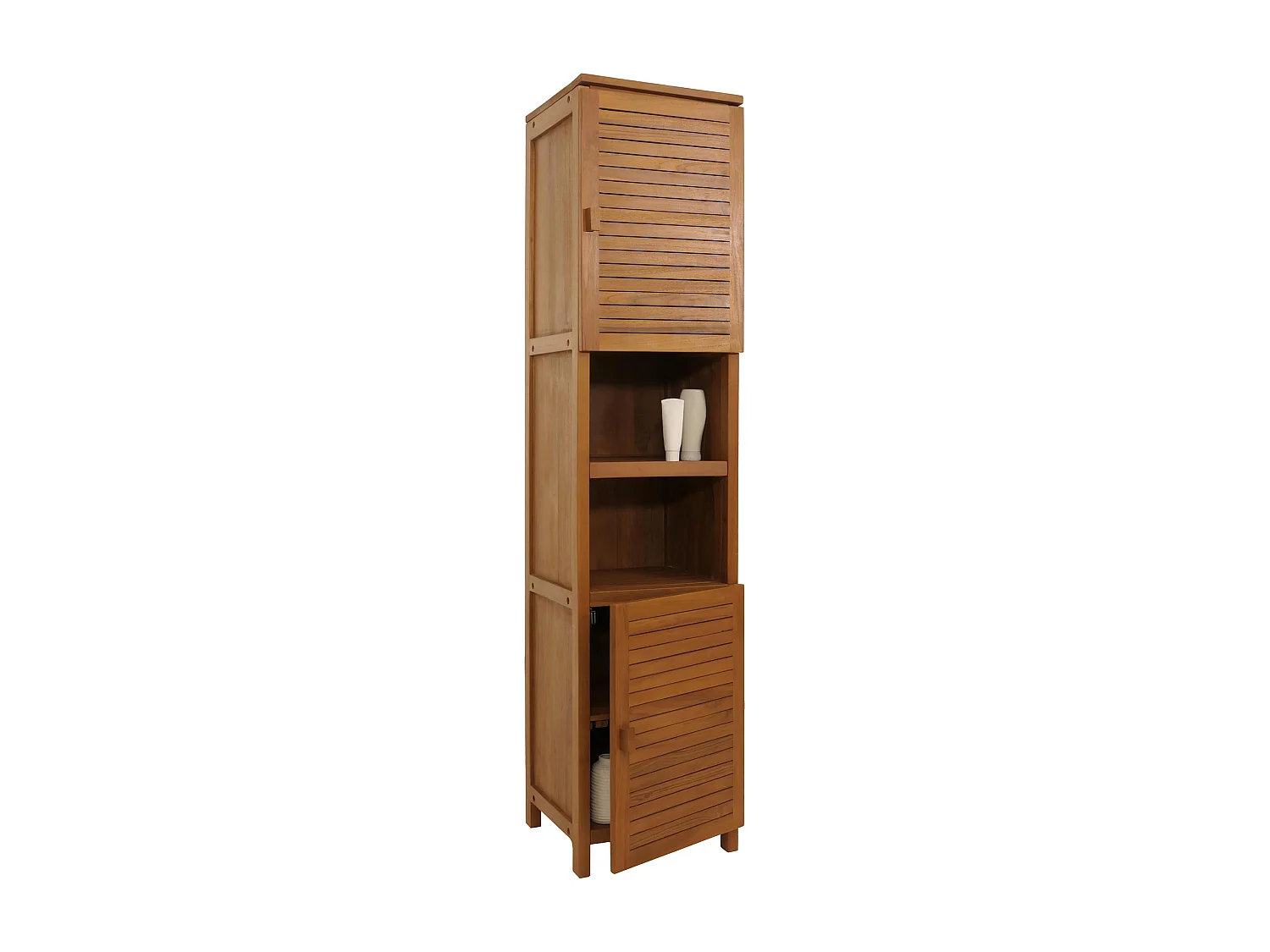 Teak-Hochschrank MCW-M87, Badschrank Badregal Badezimmer, hochwertiges B-Grade-Teak (Kernholz, 20-30 Jahre), 180x40cm