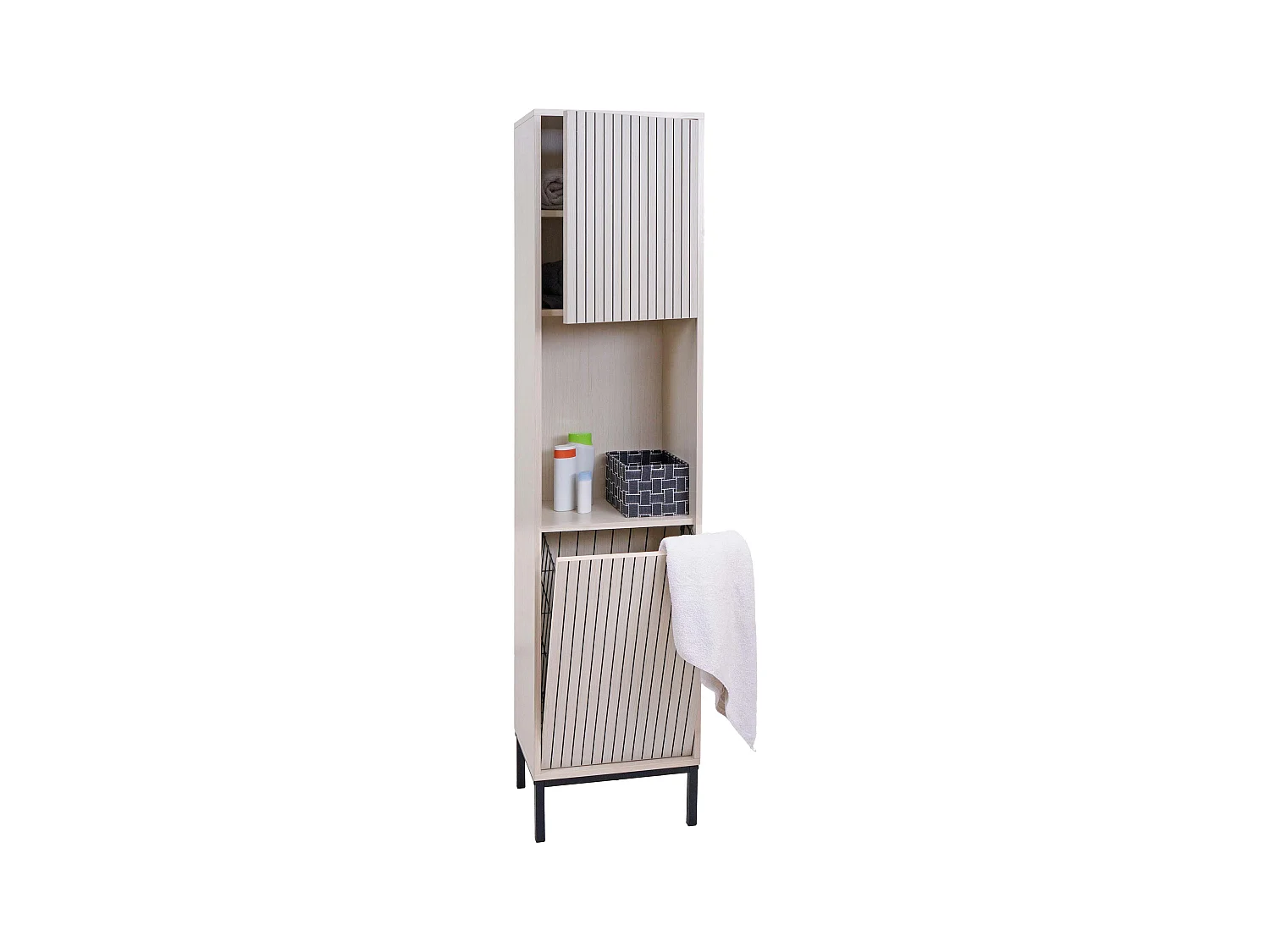 Armadio alto MCW-O42, armadietto scaffale da bagno, cesto biancheria, MDF melaminico 174x39x30cm ~ effetto legno chiaro