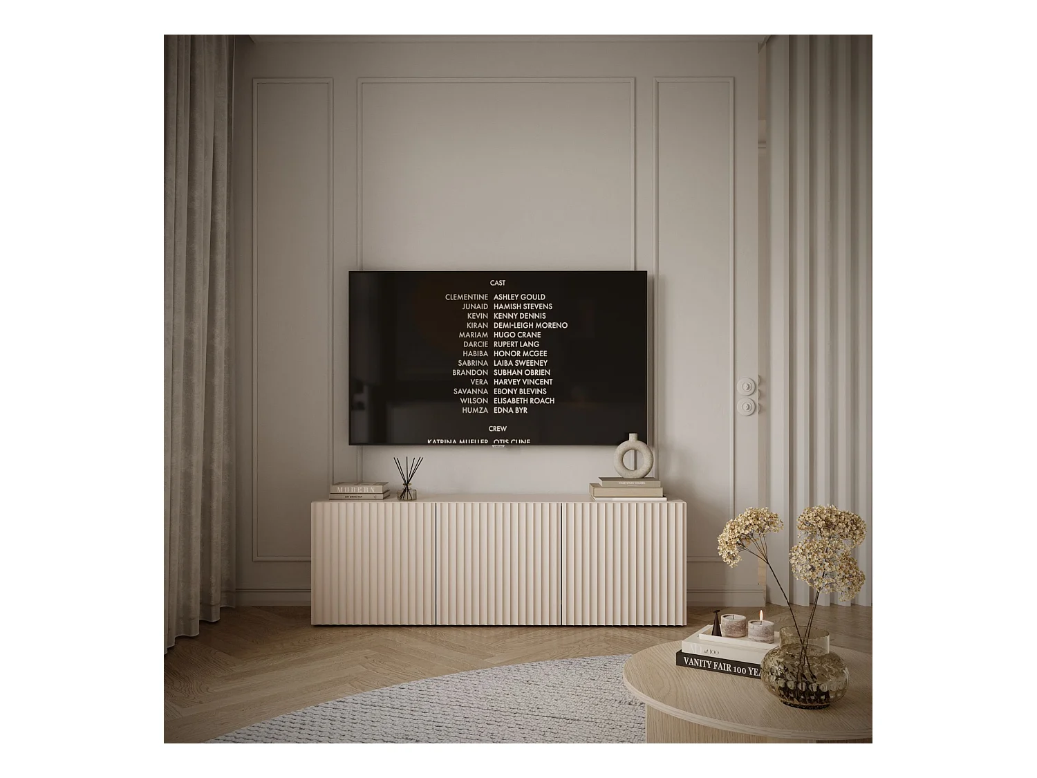 TV-Lowboard mit geriffelten Lamellenfronten – 3-türig – Kaschmirbeige – 150 cm – SUNDS