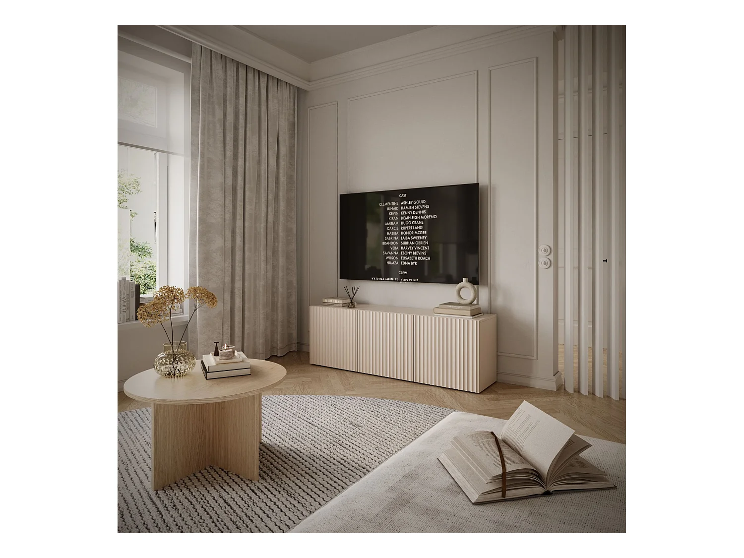 TV-Lowboard mit geriffelten Lamellenfronten – 3-türig – Kaschmirbeige – 150 cm – SUNDS