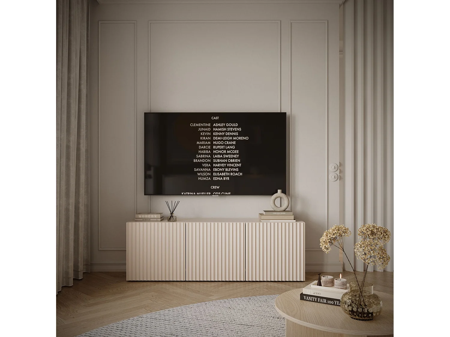 Meuble TV bas avec façades à lamelles rainurées – 3 portes – beige cachemire – 150 cm – SUNDS