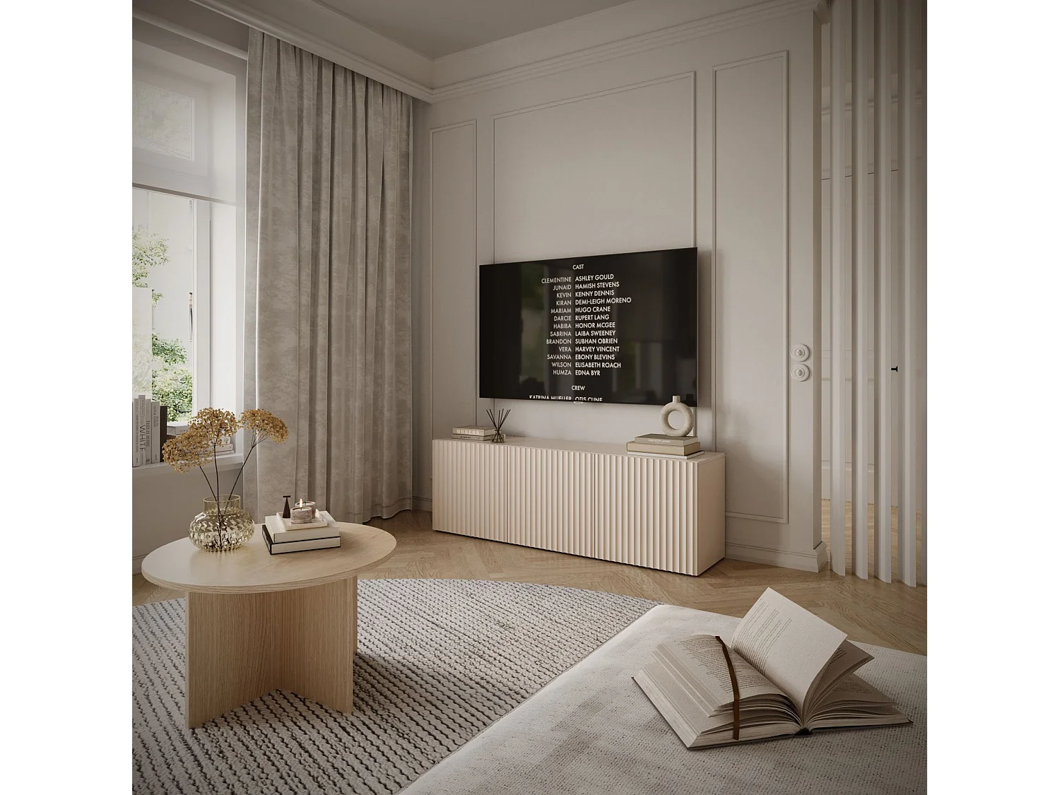 Meuble TV bas avec façades à lamelles rainurées – 3 portes – beige cachemire – 150 cm – SUNDS