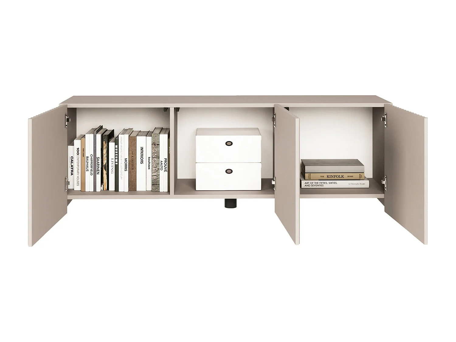 Meuble TV bas avec façades à lamelles rainurées – 3 portes – beige cachemire – 150 cm – SUNDS