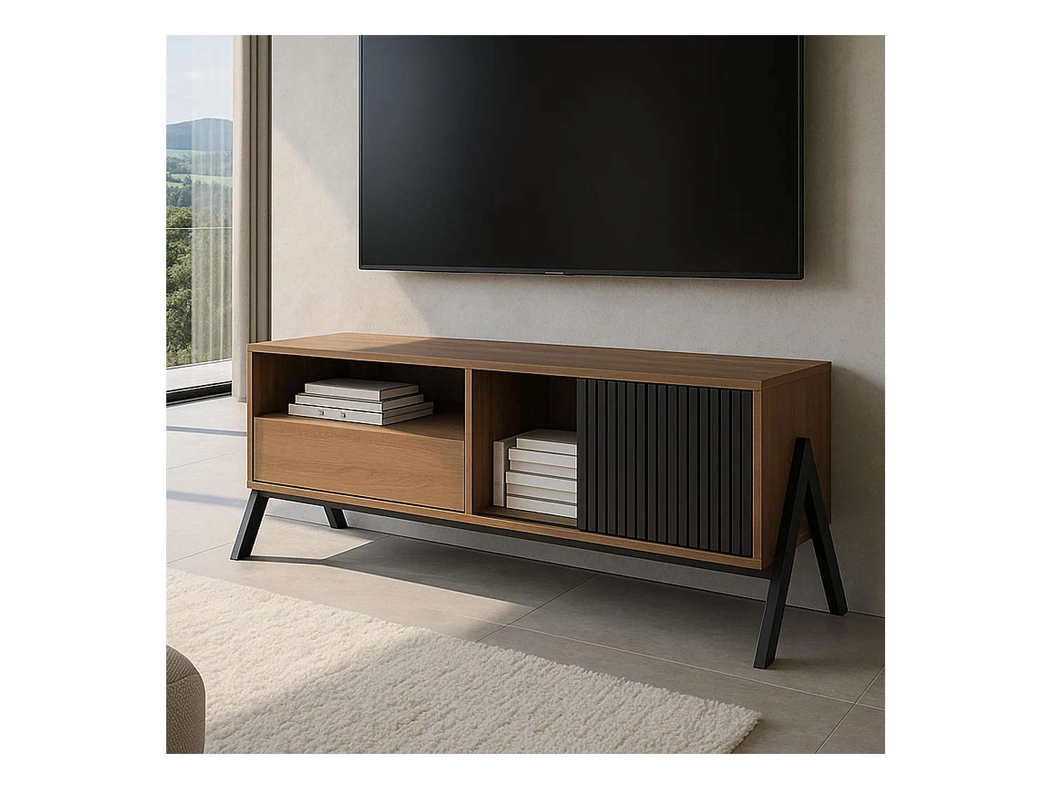 Mobile TV MCW-O40, basso ante scorrevoli, vani portaoggetti cassetti, MDF, metallo, melamina, 49x120x40 cm ~ naturale