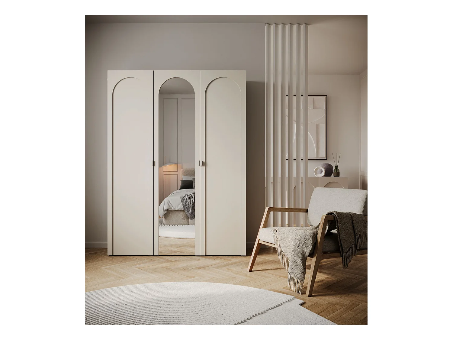 Armoire avec miroir et 3 portes à façades cintrées – 150 cm – gris cachemire – Arkadia