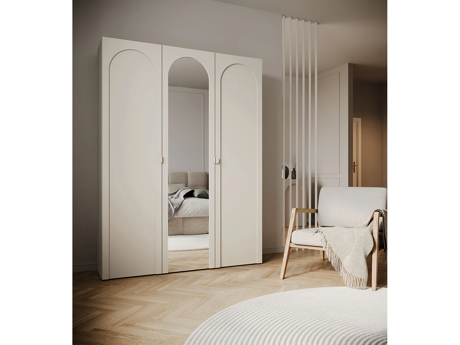 Kledingkast met spiegel – 3 deuren met boogvormige groeven – kasjmiergrijs – 150 cm – ARKADIA