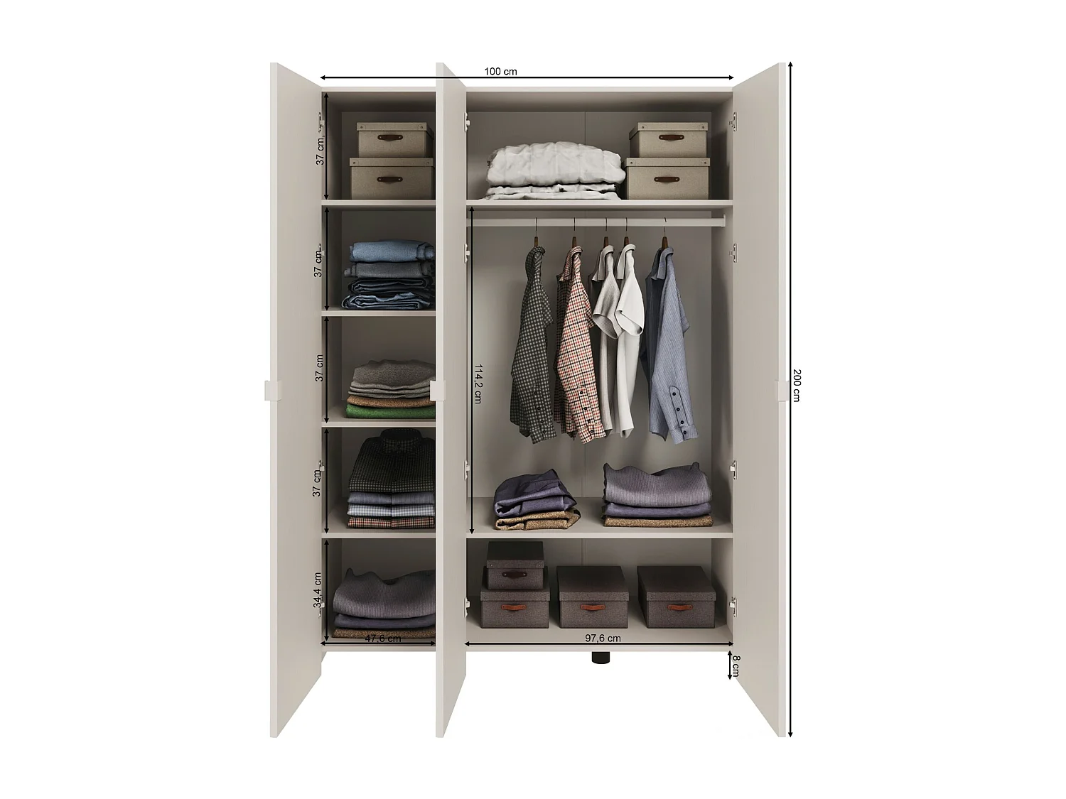 Kledingkast met spiegel – 3 deuren met boogvormige groeven – kasjmiergrijs – 150 cm – ARKADIA