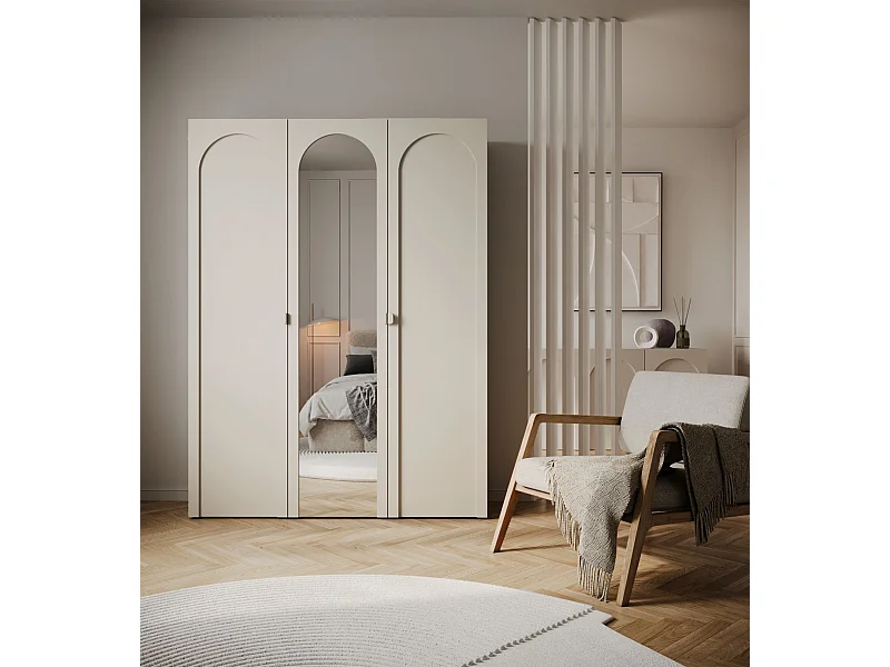 Armoire avec miroir et 3 portes à façades cintrées – 150 cm – gris cachemire – Arkadia