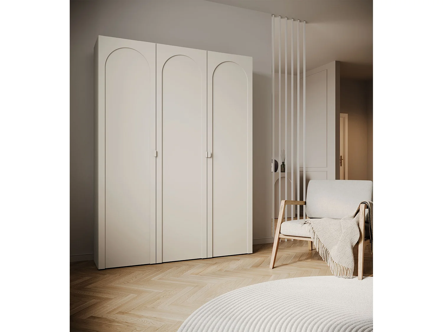 Armoire 3 portes à façades cintrées – 150 cm – gris cachemire – Arkadia