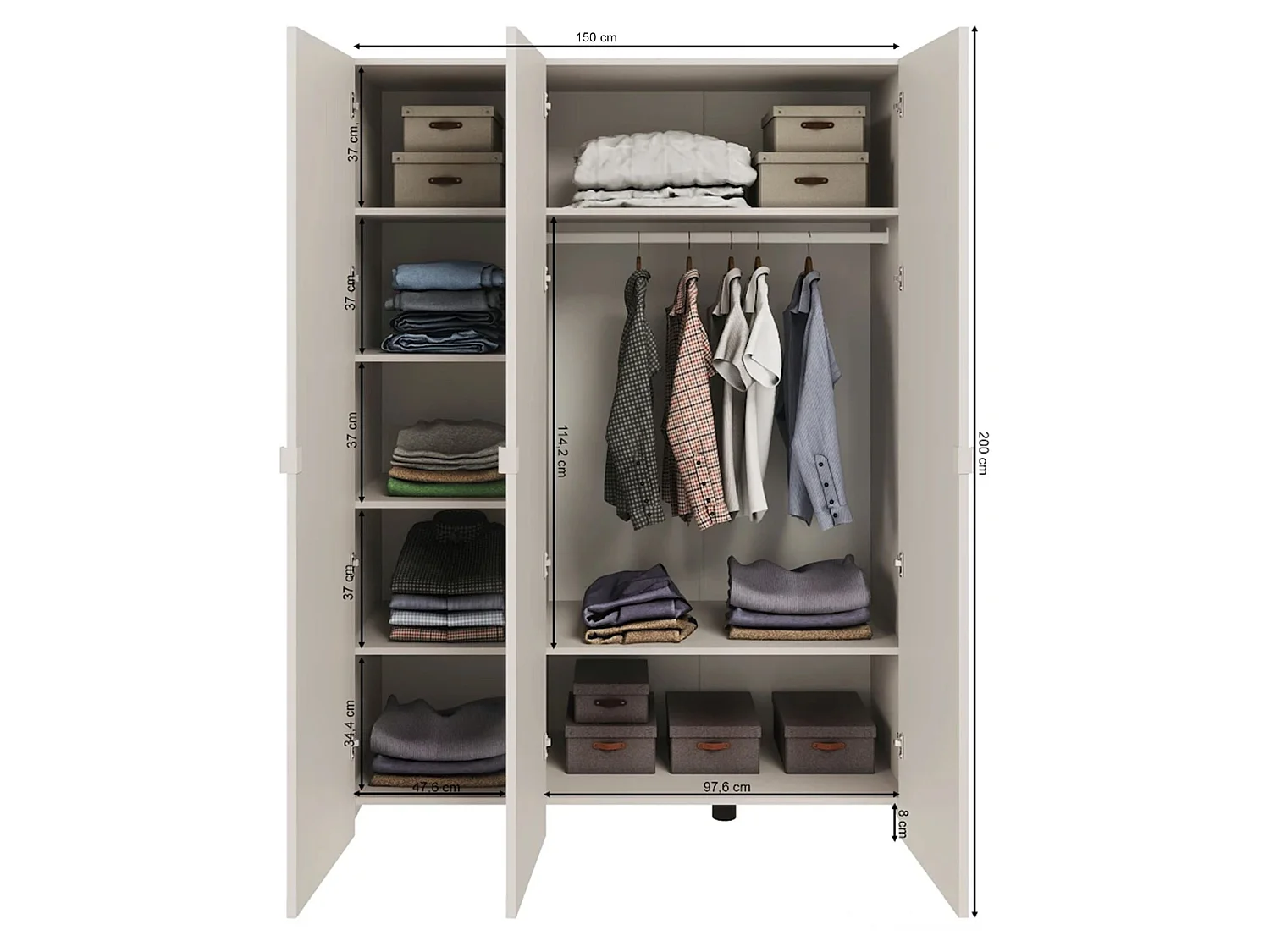 Armoire 3 portes à façades cintrées – 150 cm – gris cachemire – Arkadia