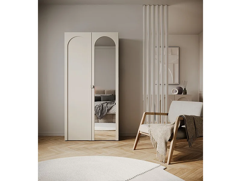 Armoire avec miroir et 2 portes à façades cintrées – 100 cm – gris cachemire – Arkadia