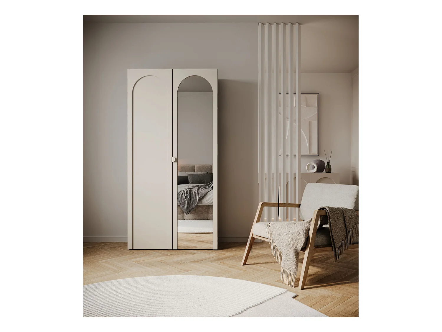 Armoire avec miroir et 2 portes à façades cintrées – 100 cm – gris cachemire – Arkadia