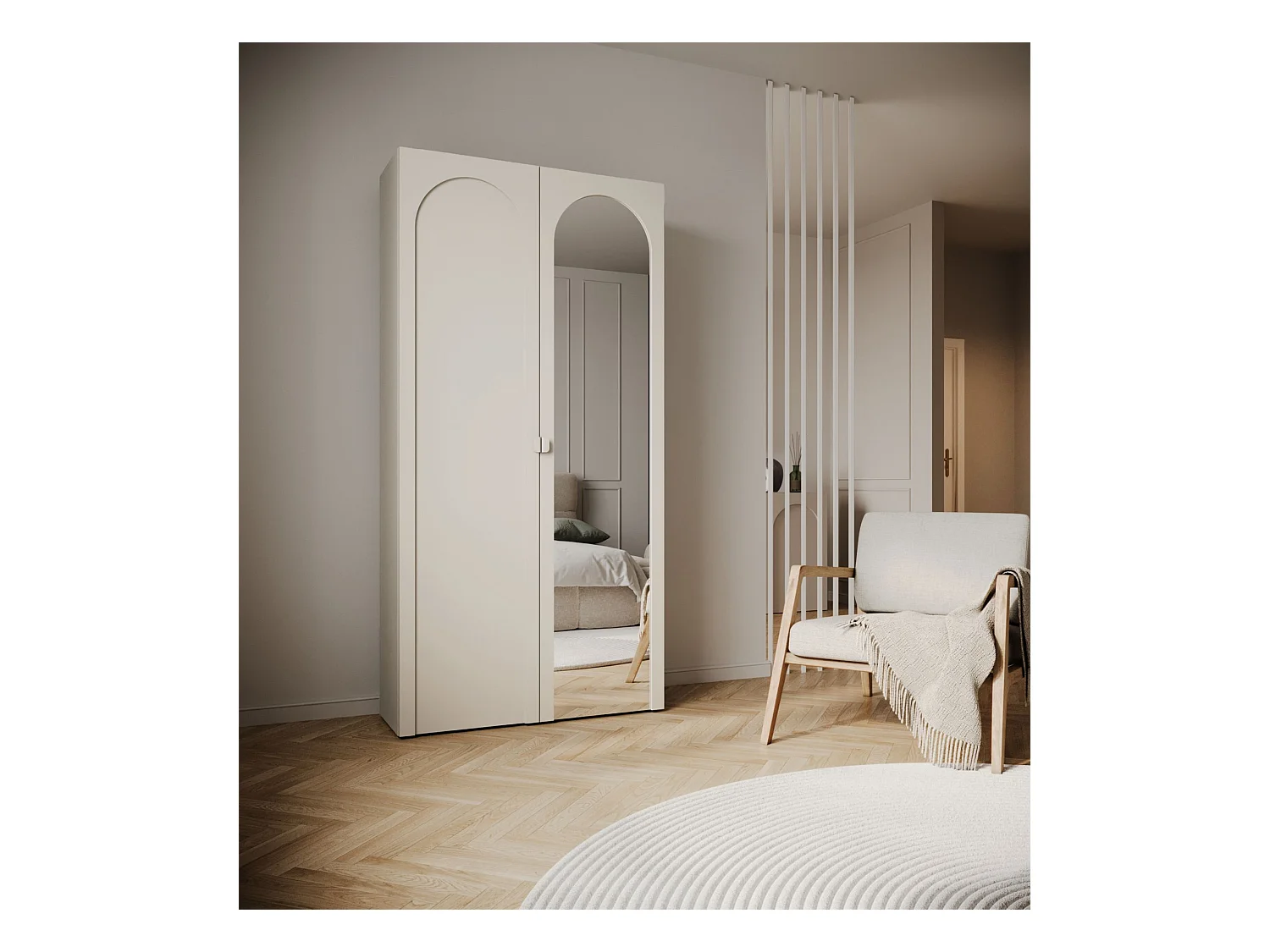 Armoire avec miroir et 2 portes à façades cintrées – 100 cm – gris cachemire – Arkadia