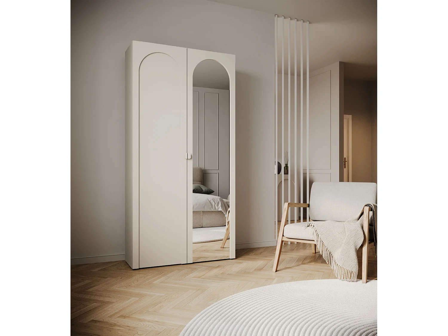 Kledingkast met spiegel – 2 deuren met boogvormige groeven – kasjmiergrijs – 100 cm – ARKADIA