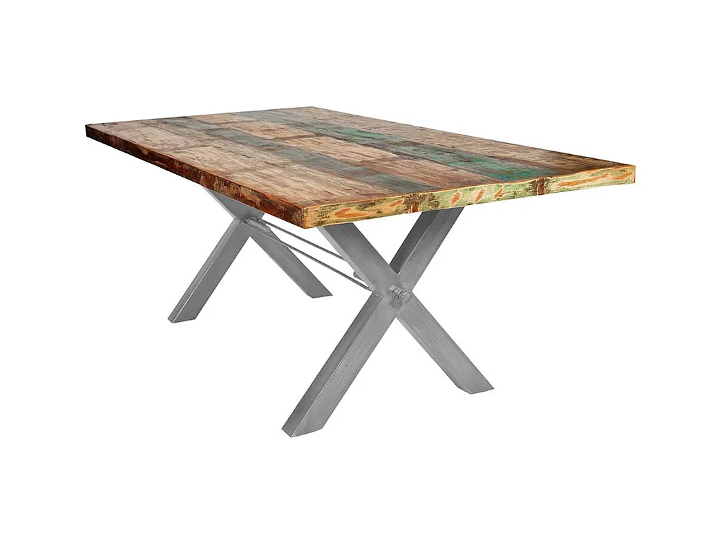 Küchentisch in Bunt Recyclingholz massiv X-Füßen aus Eisen