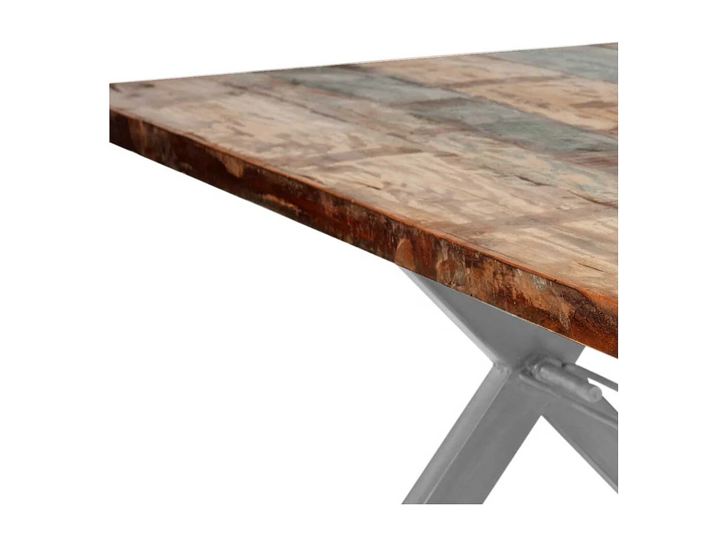 Küchentisch in Bunt Recyclingholz massiv X-Füßen aus Eisen