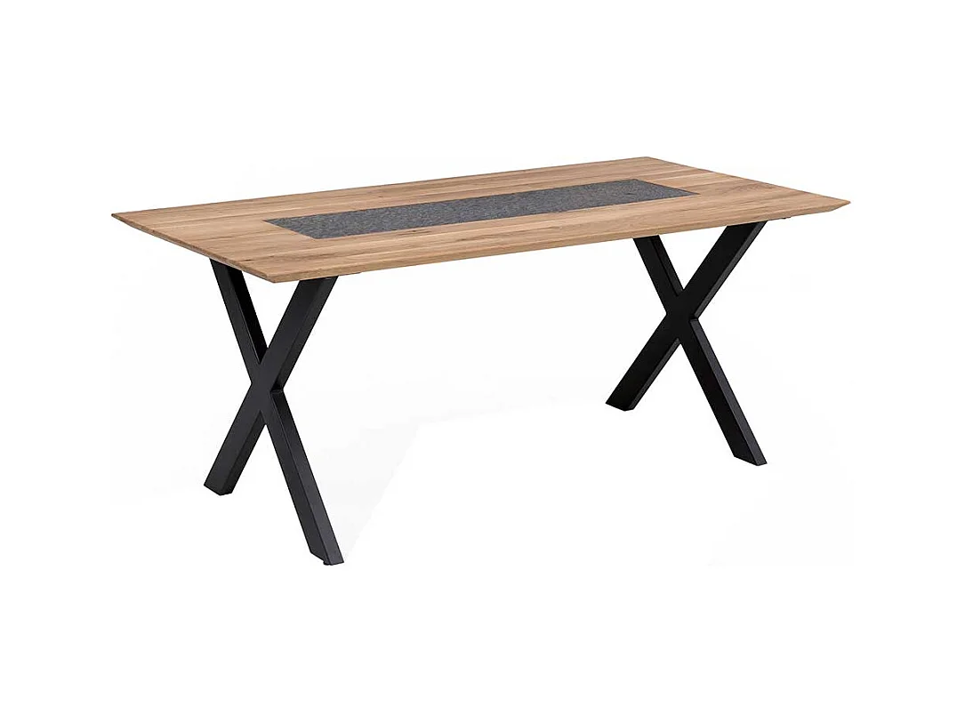 Designer Esstisch aus Wildeiche Massivholz und Metall Granitstein Furnier