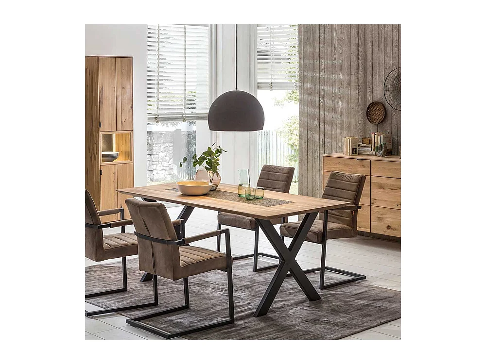 Designer Esstisch aus Wildeiche Massivholz und Metall Granitstein Furnier