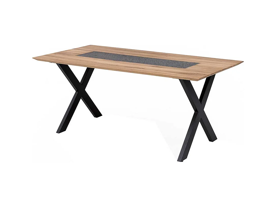 Designer Esstisch aus Wildeiche Massivholz und Metall Granitstein Furnier