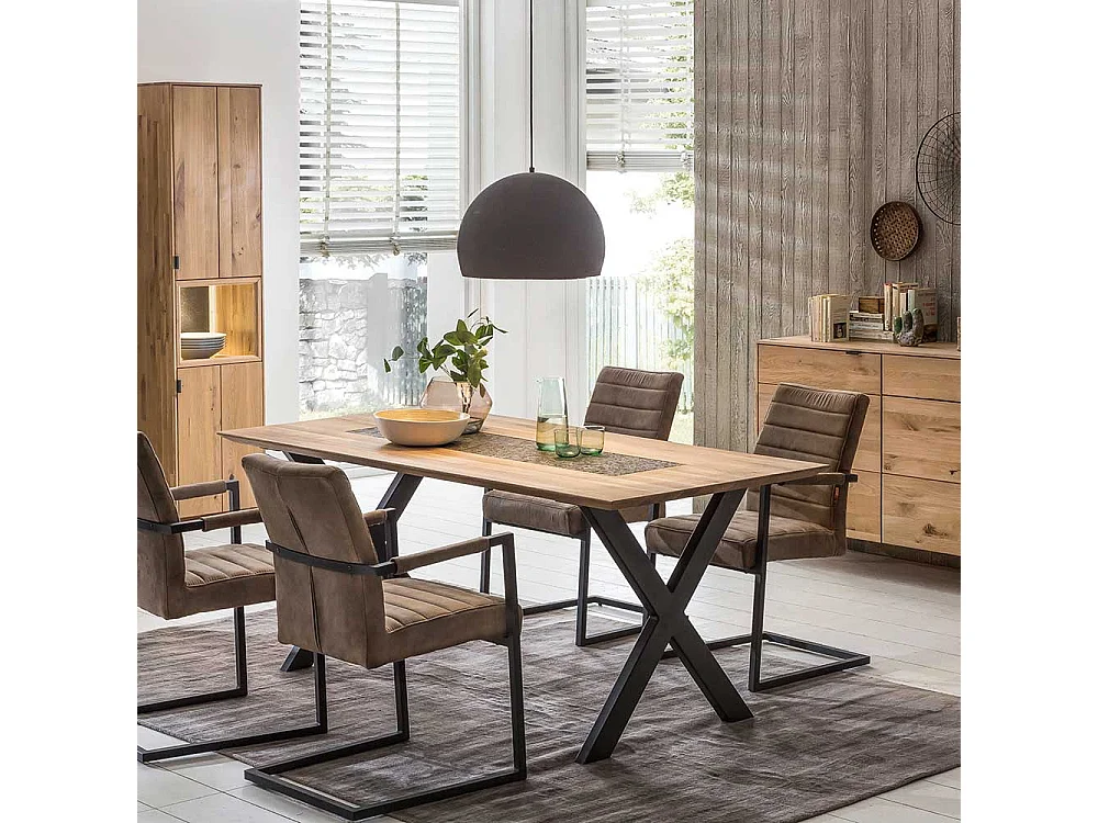 Designer Esstisch aus Wildeiche Massivholz und Metall Granitstein Furnier