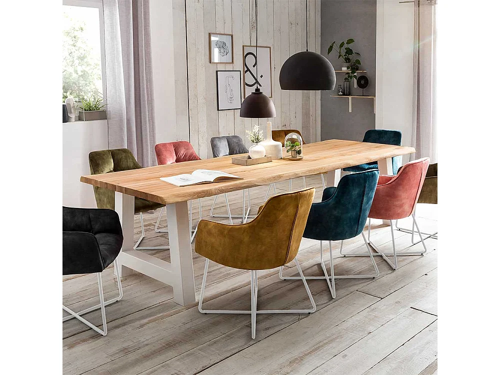 Baumkanten Esstisch aus Eiche Massivholz und Metall A-Fußgestell