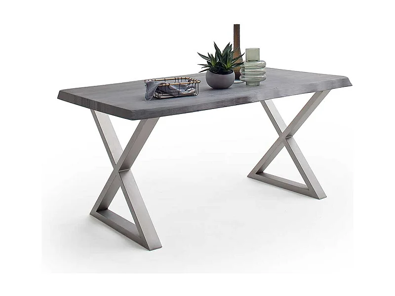 Esstisch Baumkantentisch mit X Gestell aus Edelstahl