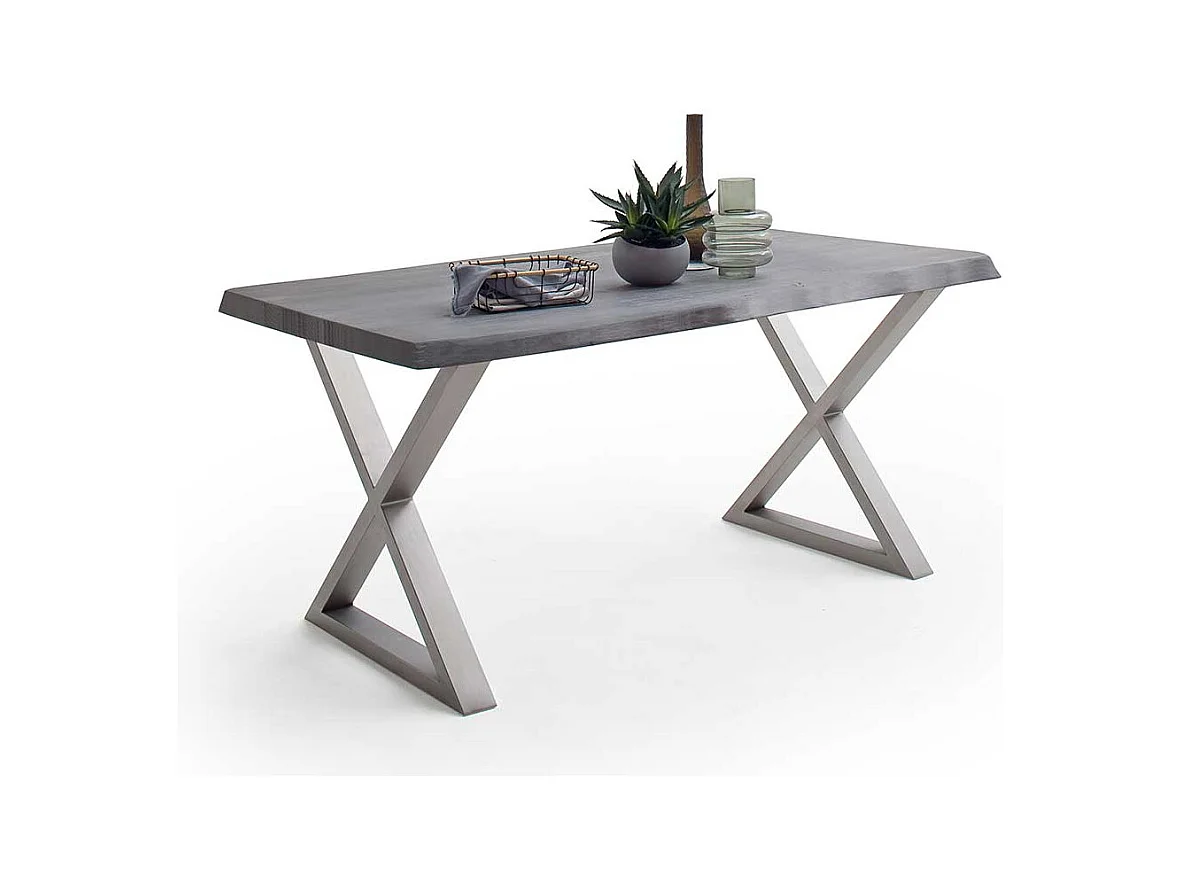 Esstisch Baumkantentisch mit X Gestell aus Edelstahl