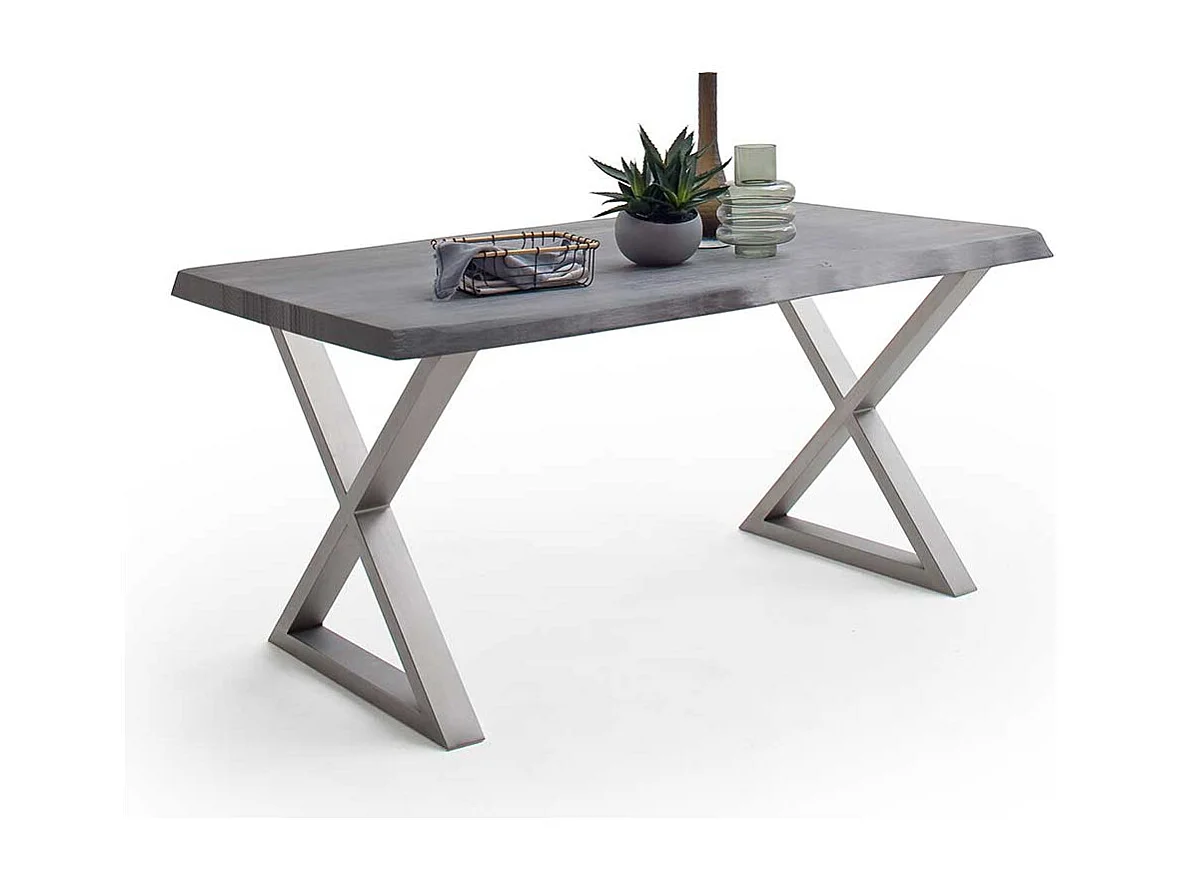 Esstisch Baumkantentisch mit X Gestell aus Edelstahl