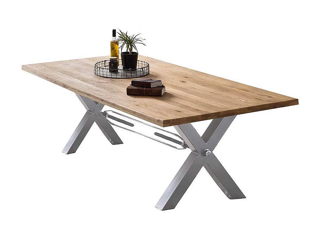 Baumkanten Esstisch aus Wildeiche Massivholz Metallgestell in Weiß