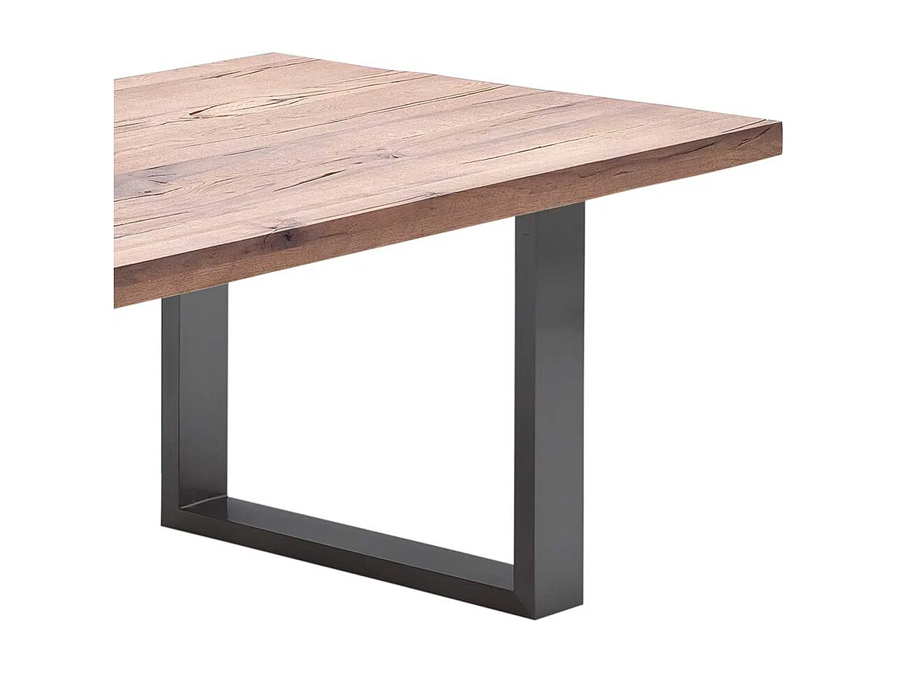 Tisch aus Zerreiche massiv dunkel lackiert Bügelgestell aus Stahl