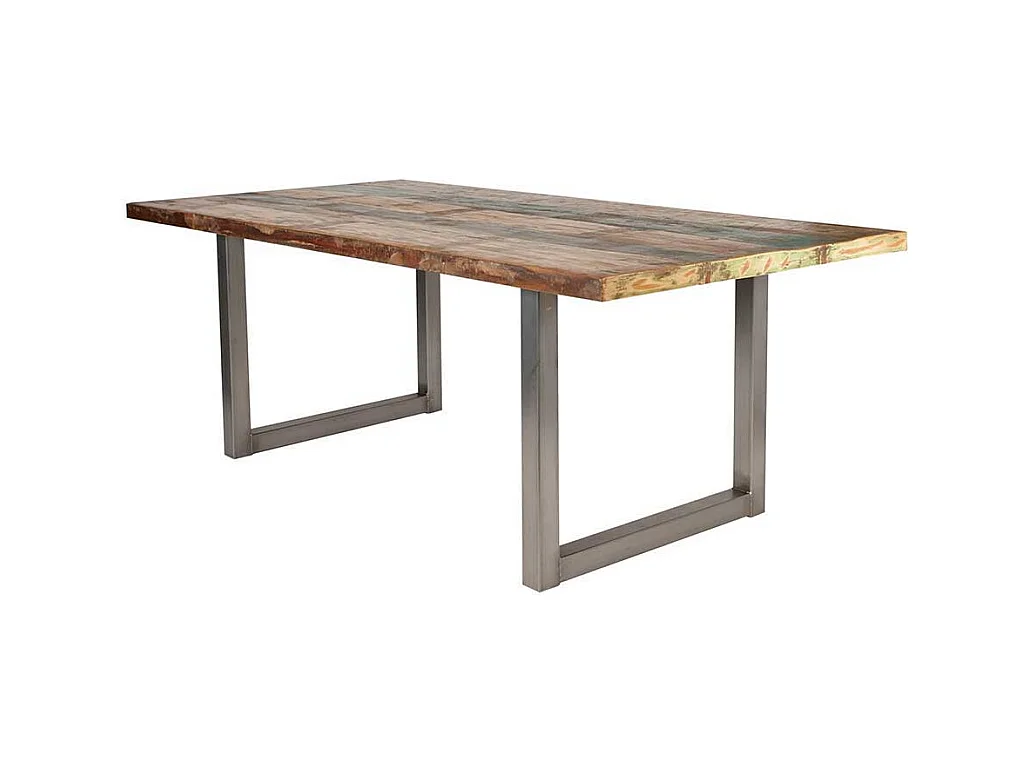 Esszimmertisch aus Recyclingholz Bunt Braun Stahl