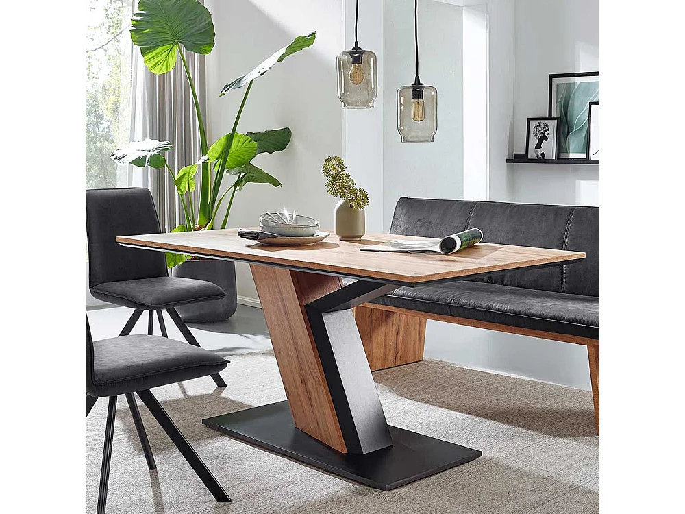 Moderner Esszimmer Tisch in Wildeichefarben Säulengestell