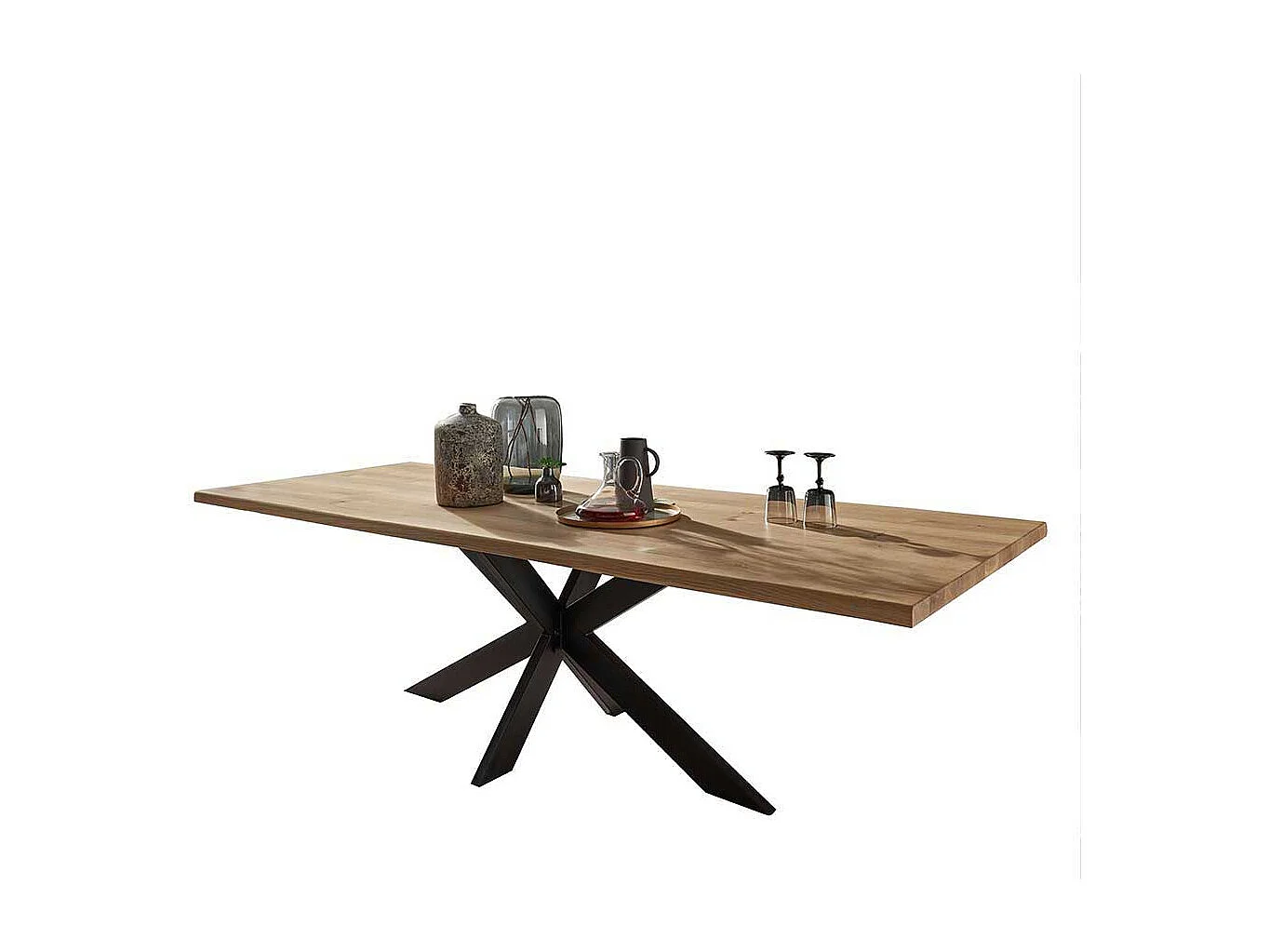 Esstisch aus Wildeiche Massivholz und Stahl Spider Gestell