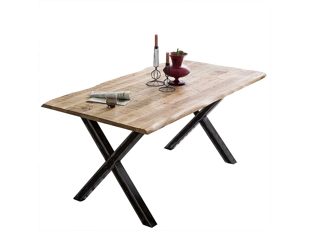 Design Esstisch aus Mangobaum Massivholz und Eisen Baumkante