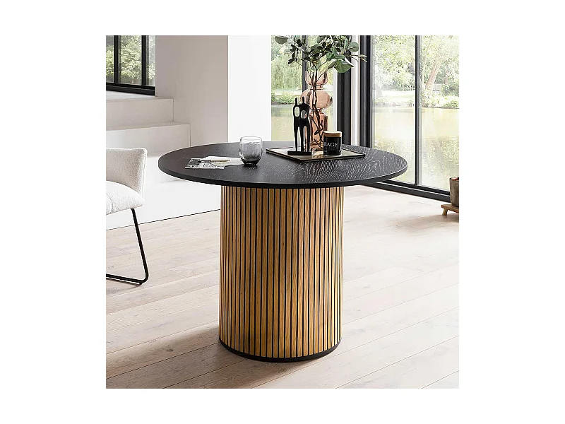 Runder Esstisch Skandi Stil furniert Eichefarben und Schwarz