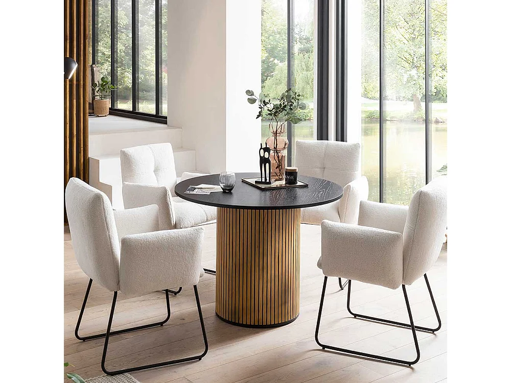 Runder Esstisch Skandi Stil furniert Eichefarben und Schwarz