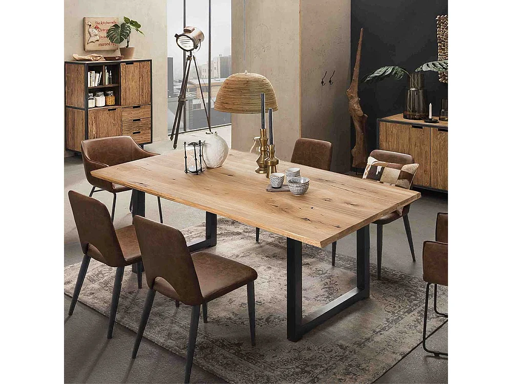 Küchentisch in Wildeiche und Schwarz Metall Bügelgestell
