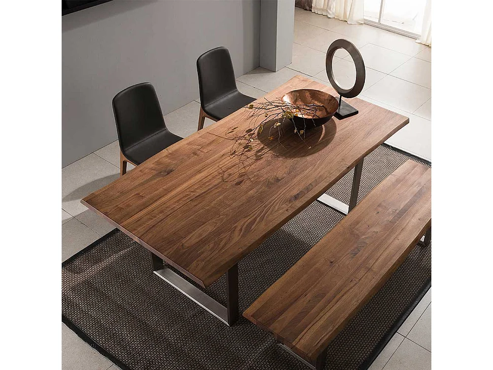 Esszimmertisch aus Nussbaum Massivholz und Edelstahl handgearbeitet