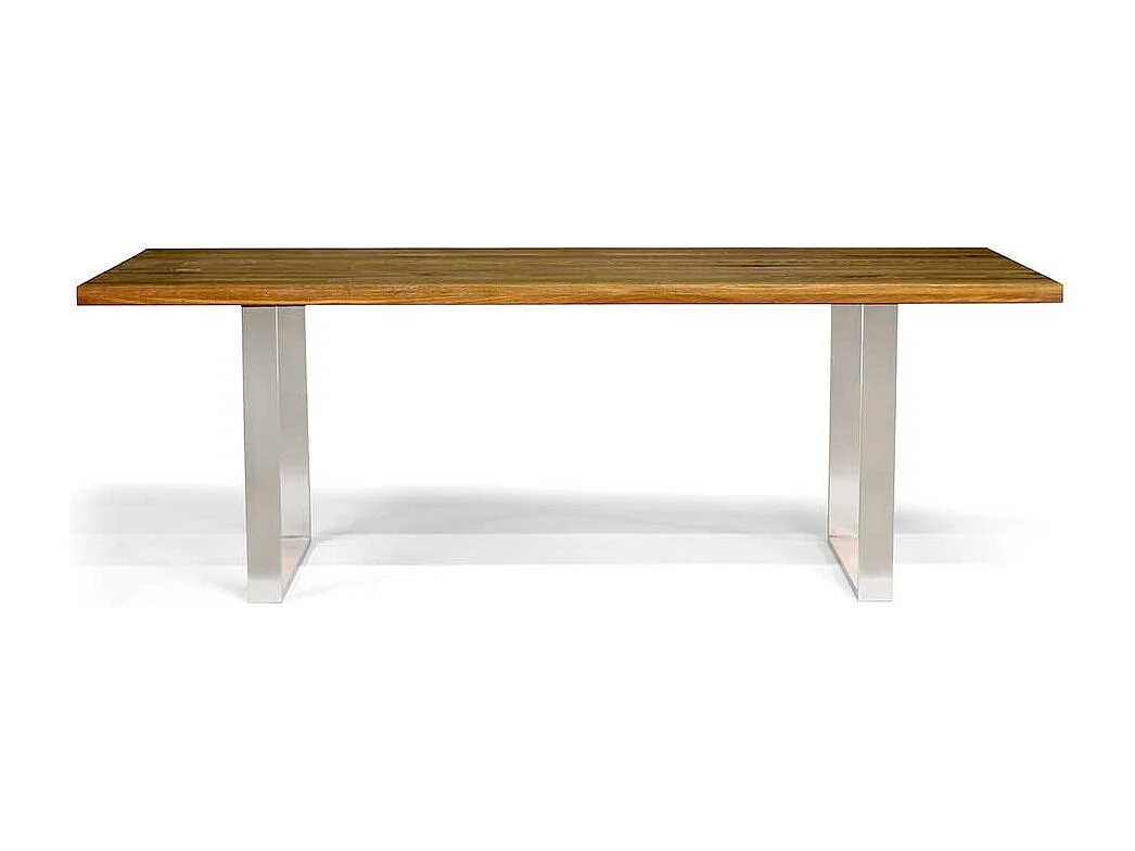 Esstisch aus Eiche Massivholz und Edelstahl 75 cm hoch