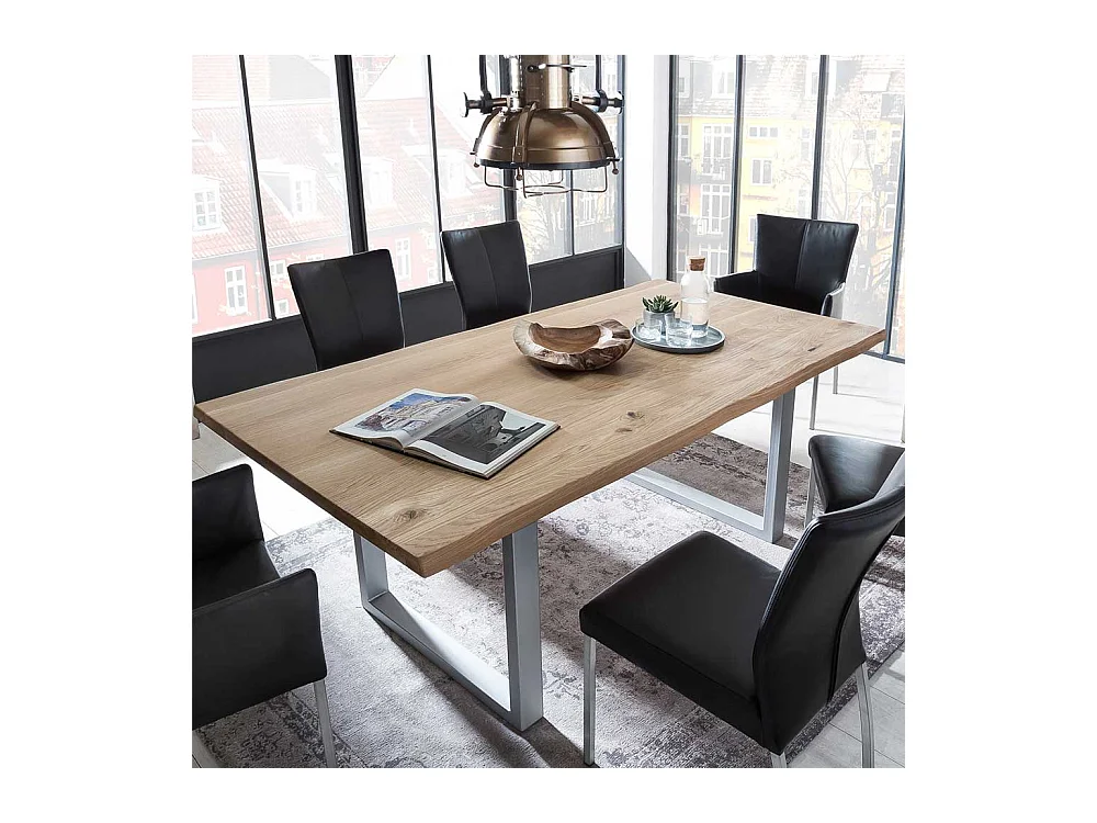 Baumkanten Esszimmertisch aus Wildeiche Massivholz und Metall Loft Design