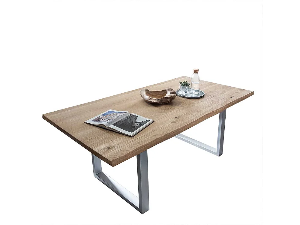 Baumkanten Esszimmertisch aus Wildeiche Massivholz und Metall Loft Design