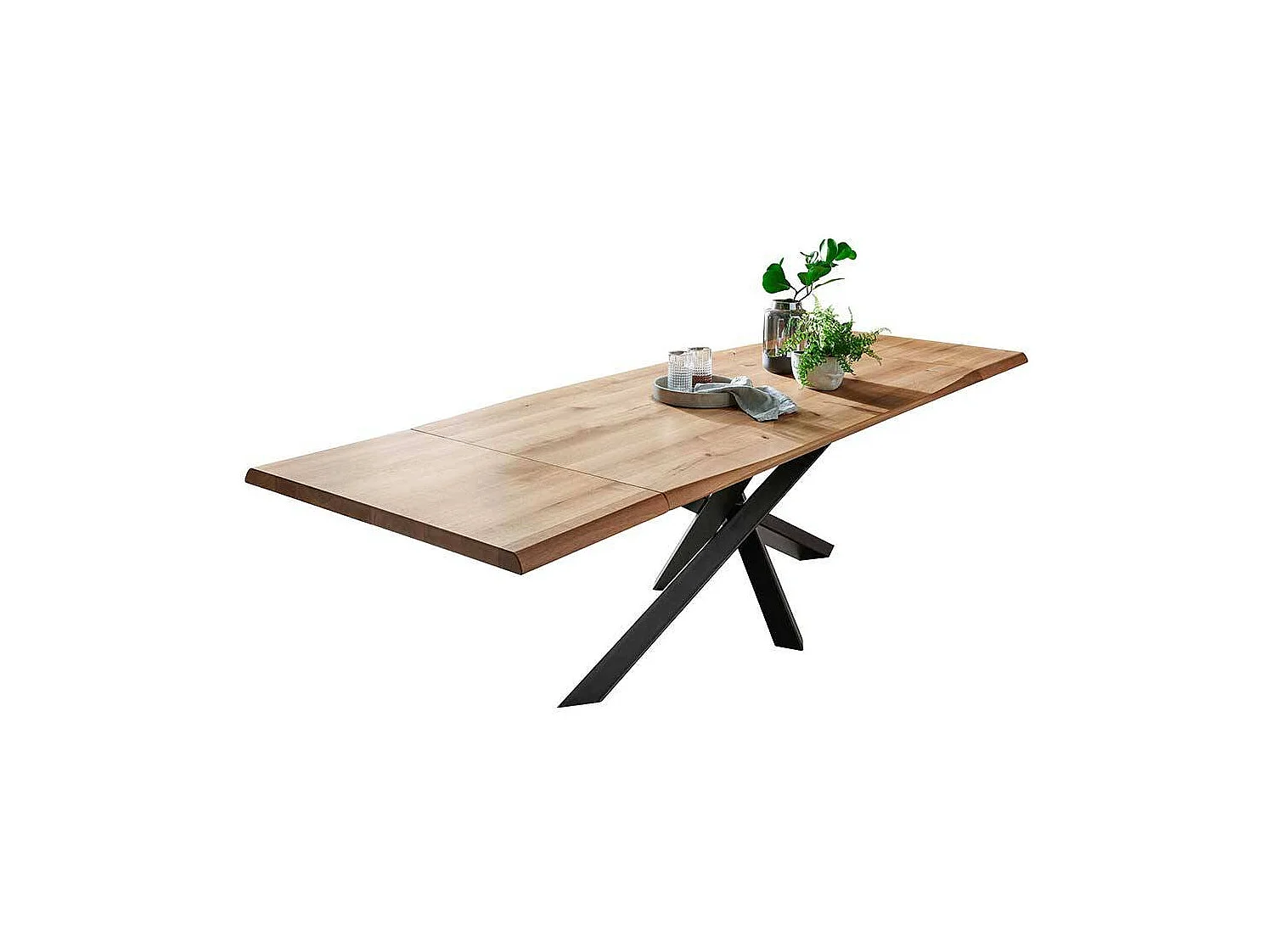 Esszimmertisch aus Wildeiche Massivholz und Stahl Spider Gestell