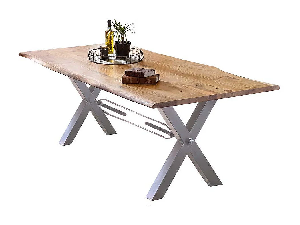 Esszimmertisch mit Baumkante in Akaziefarben und Weiß Metall Gestell
