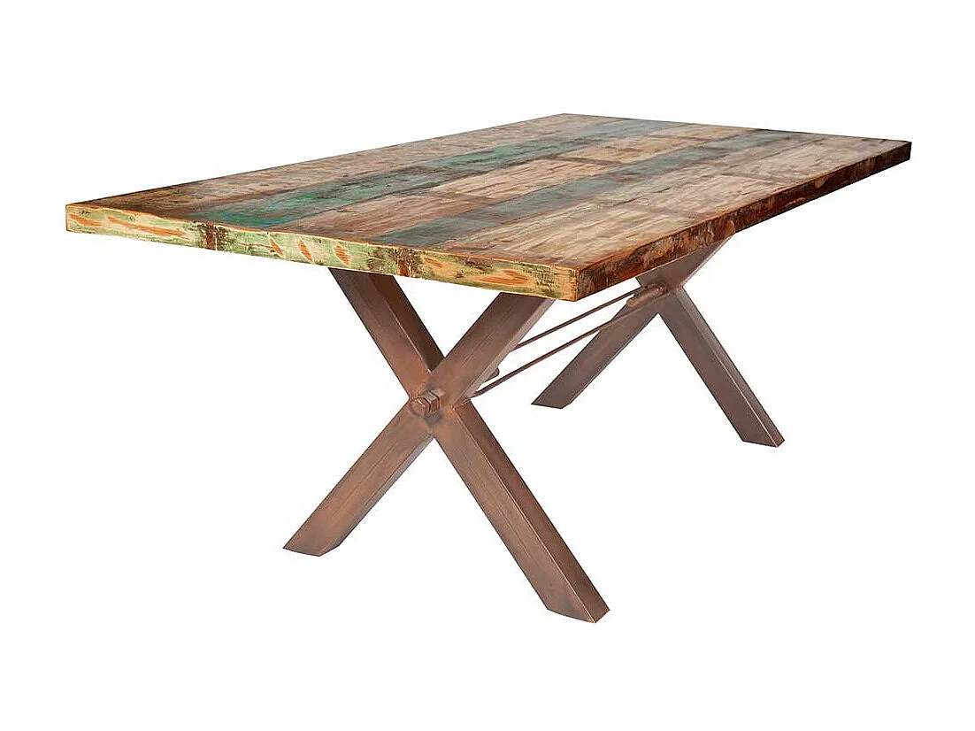 Altholz Esstisch in Bunt X-Füßen aus Eisen